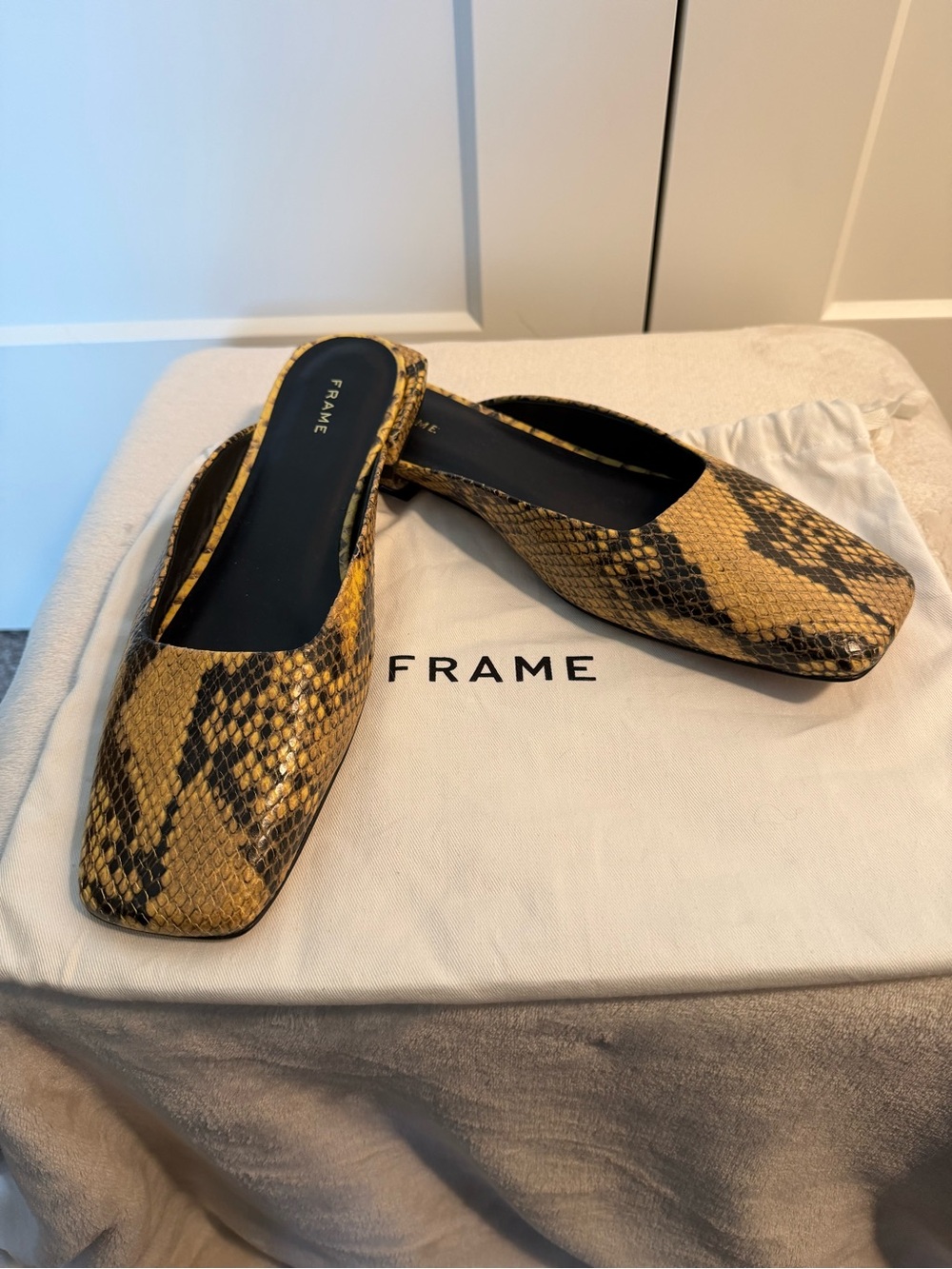 FRAME Snakeskin Le Town Leather Mules